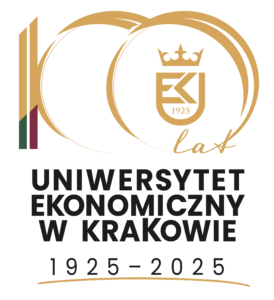 Logotyp stulecia Uniwersytetu w pionie z barwami UEK